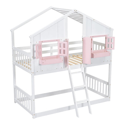 Twin Over Twin House Bunk Bed with Roof , Window, Window Box, Door , with Safety Guardrails and Ladder, Pink/White