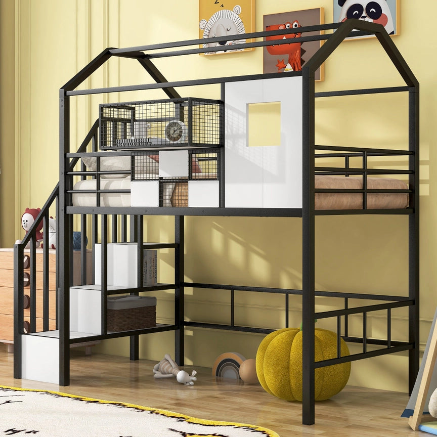 Metal Loft Bed with Roof & Storage Box – Twin, Black