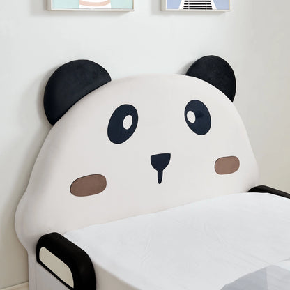 Twin Size Cute Panda-Shaped Kids Bed with Soft Padded Edges, Velvet Upholstered Solid Wood Frame in White and Black