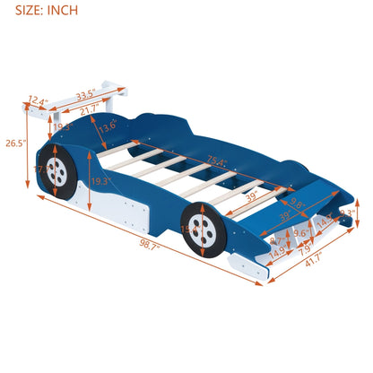 Race Car-Shaped Platform Bed with Wheels For Kids Bedroom Furniture Playful Design