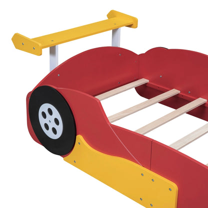 Race Car-Shaped Platform Bed with Wheels For Kids Bedroom Furniture Playful Design