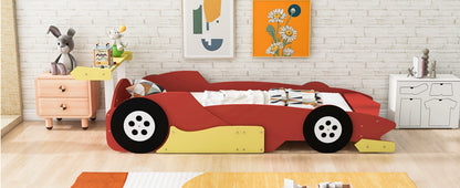 Race Car-Shaped Platform Bed with Wheels For Kids Bedroom Furniture Playful Design