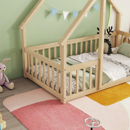 Twin Wood House-Shaped Floor Bed with Fence, Guardrails ,Natural