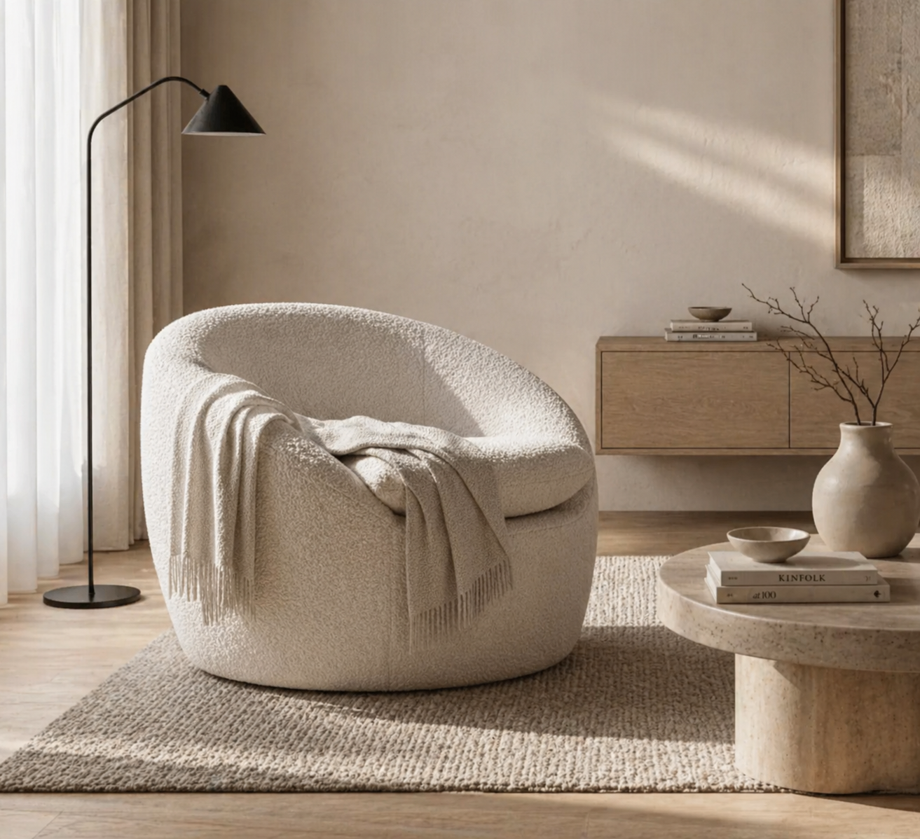 Winnie Swivel Boucle Barrel Chair