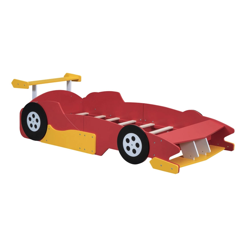 Race Car-Shaped Platform Bed with Wheels For Kids Bedroom Furniture Playful Design