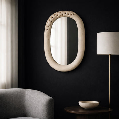 Wall Mirror - Brown Cement Wood Oval Framed, 20x12 in.