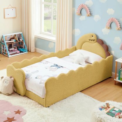 Twin Size Cute Dinosaur-Shaped Kids Bed with Safety Guardrail, Boucle Fabric Solid Wood Frame