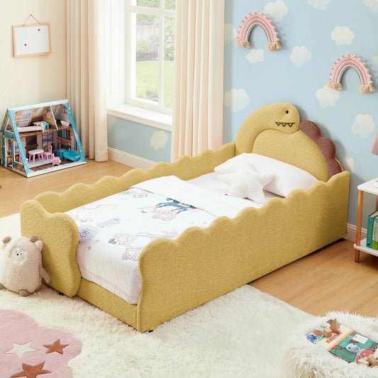 Twin Size Cute Dinosaur-Shaped Kids Bed with Safety Guardrail, Boucle Fabric Solid Wood Frame