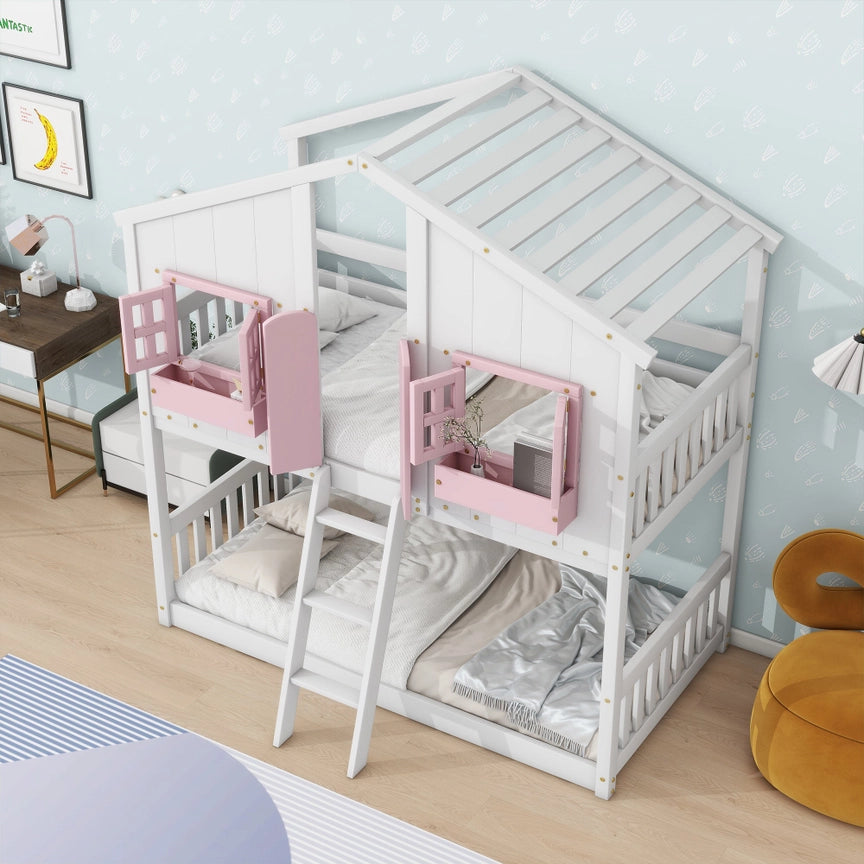 Twin Over Twin House Bunk Bed with Roof , Window, Window Box, Door , with Safety Guardrails and Ladder, Pink/White