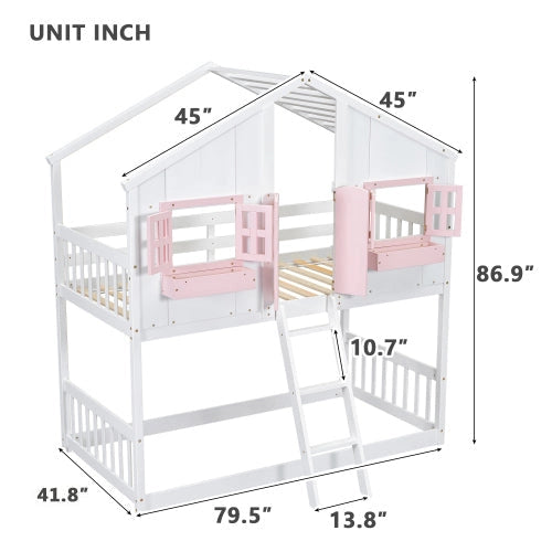 Twin Over Twin House Bunk Bed with Roof , Window, Window Box, Door , with Safety Guardrails and Ladder, Pink/White