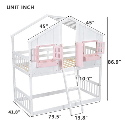 Twin Over Twin House Bunk Bed with Roof , Window, Window Box, Door , with Safety Guardrails and Ladder, Pink/White