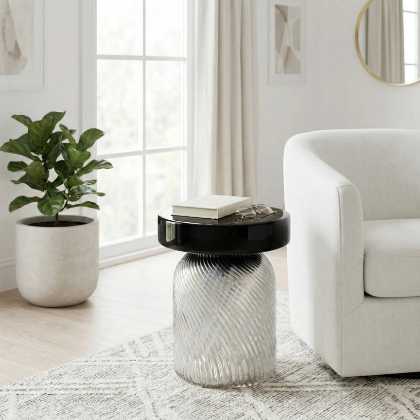 Side Table - Black/White Glass Base with Bold Design, 20 in.