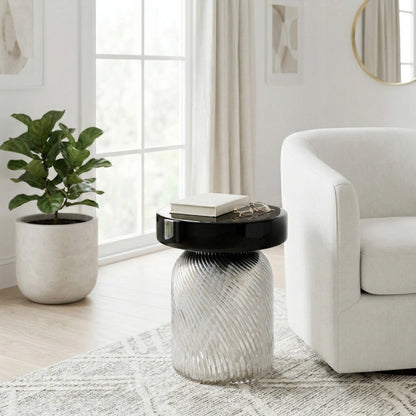 Side Table - Black/White Glass Base with Bold Design, 20 in.