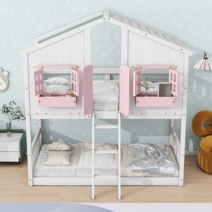 Twin Over Twin House Bunk Bed with Roof , Window, Window Box, Door , with Safety Guardrails and Ladder, Pink/White