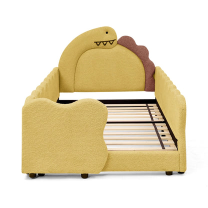 Twin Size Cute Dinosaur-Shaped Kids Bed with Safety Guardrail, Boucle Fabric Solid Wood Frame