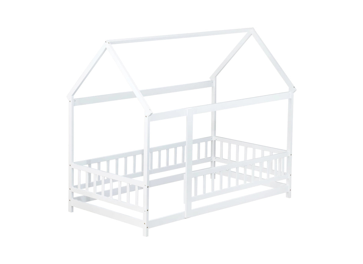 Twin Size House Floor Wooden Bed with Roof Frame,Safety Guardrails,White