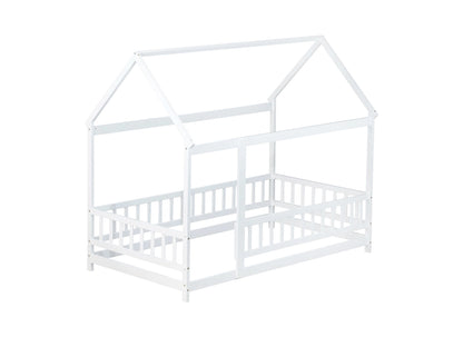 Twin Size House Floor Wooden Bed with Roof Frame,Safety Guardrails,White