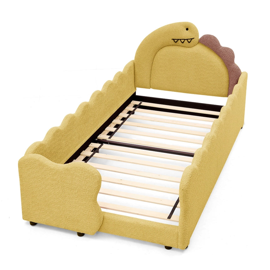 Twin Size Cute Dinosaur-Shaped Kids Bed with Safety Guardrail, Boucle Fabric Solid Wood Frame