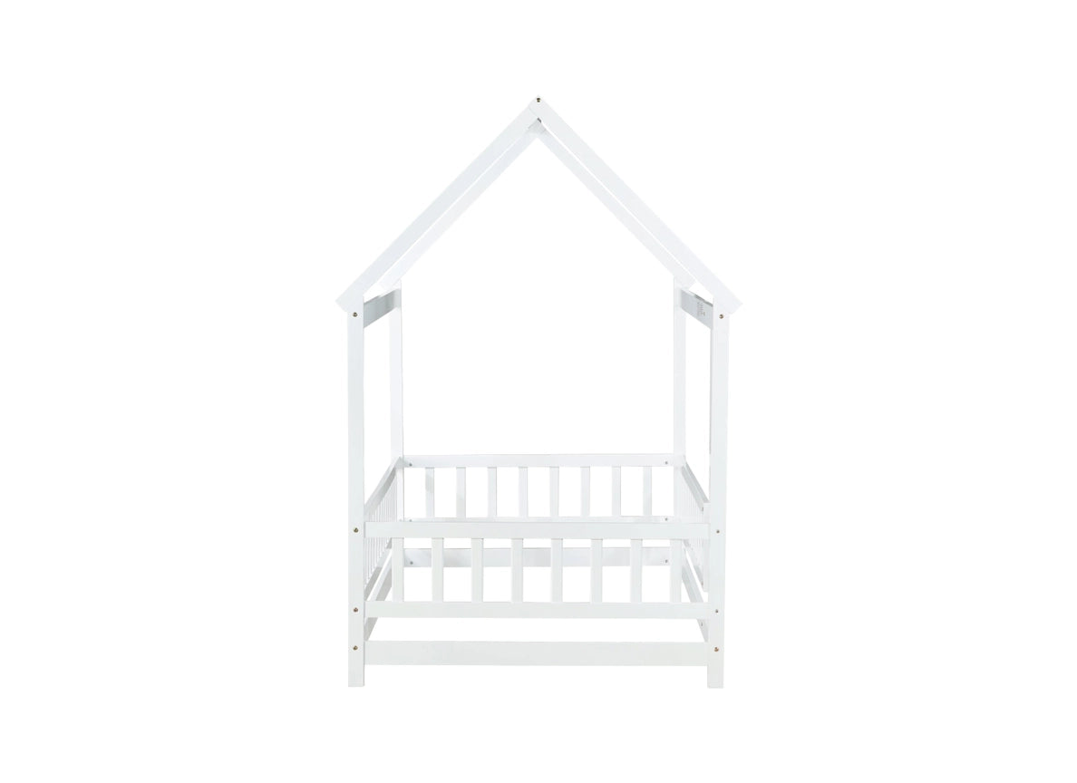 Twin Size House Floor Wooden Bed with Roof Frame,Safety Guardrails,White