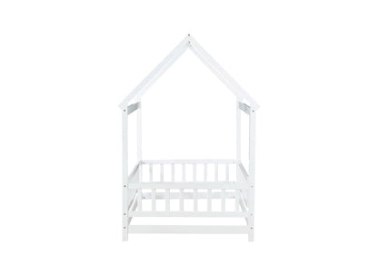 Twin Size House Floor Wooden Bed with Roof Frame,Safety Guardrails,White