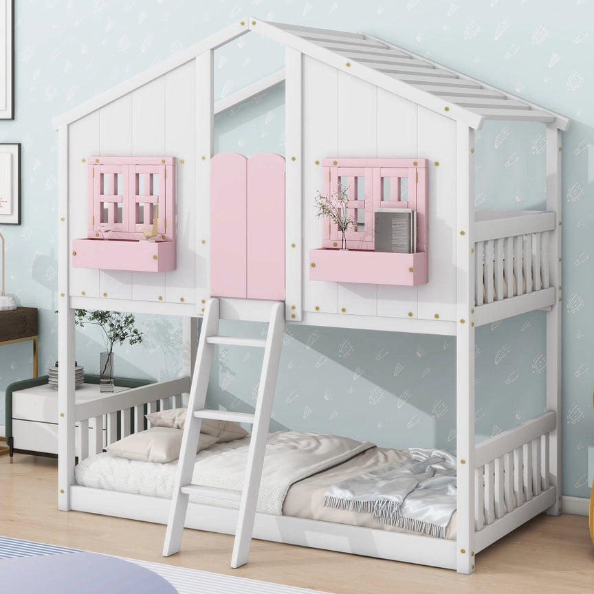 Twin Over Twin House Bunk Bed with Roof , Window, Window Box, Door , with Safety Guardrails and Ladder, Pink/White