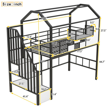 Metal Loft Bed with Roof & Storage Box – Twin, Black