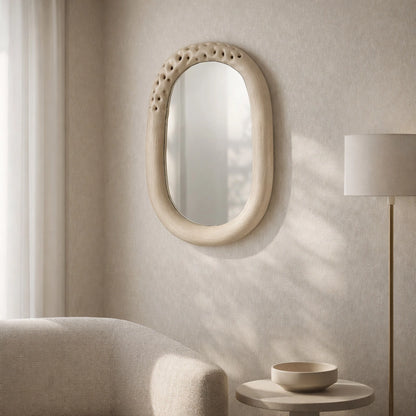 Wall Mirror - Brown Cement Wood Oval Framed, 20x12 in.
