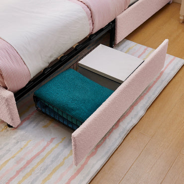 Kids Twin Upholstered Bed with Oversized Rabbit Ear Headboard, Led Light & 4 Storage Drawers