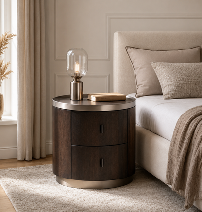 Round dark wood nightstand bedroom scene