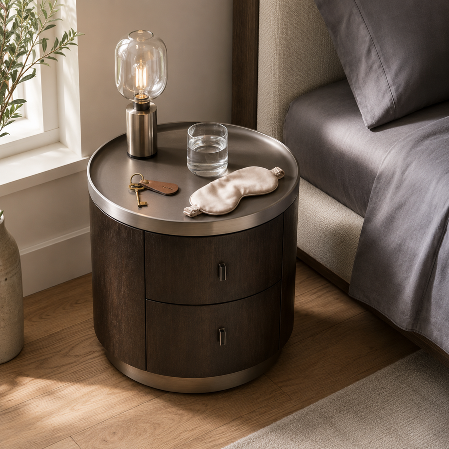 Round dark wood nightstand close-up scene