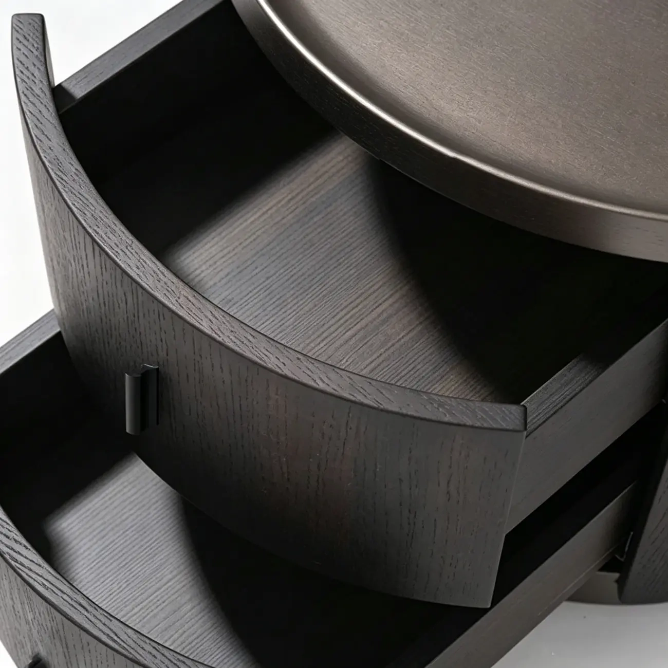Round dark wood nightstand drawer detail