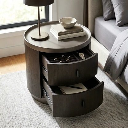 Round dark wood nightstand open drawers